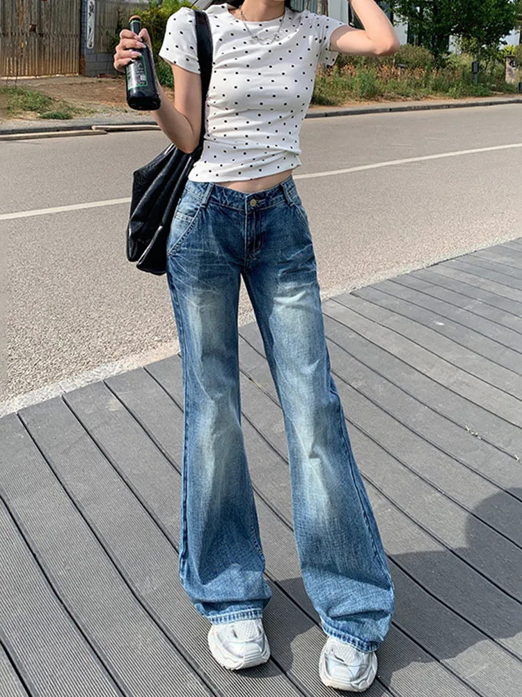 American Style Hot Girl Bleached Bell Bottoms Women Low Waist Sexy Slim Trousers Summer 2024 New Full Length Denim Pants Design