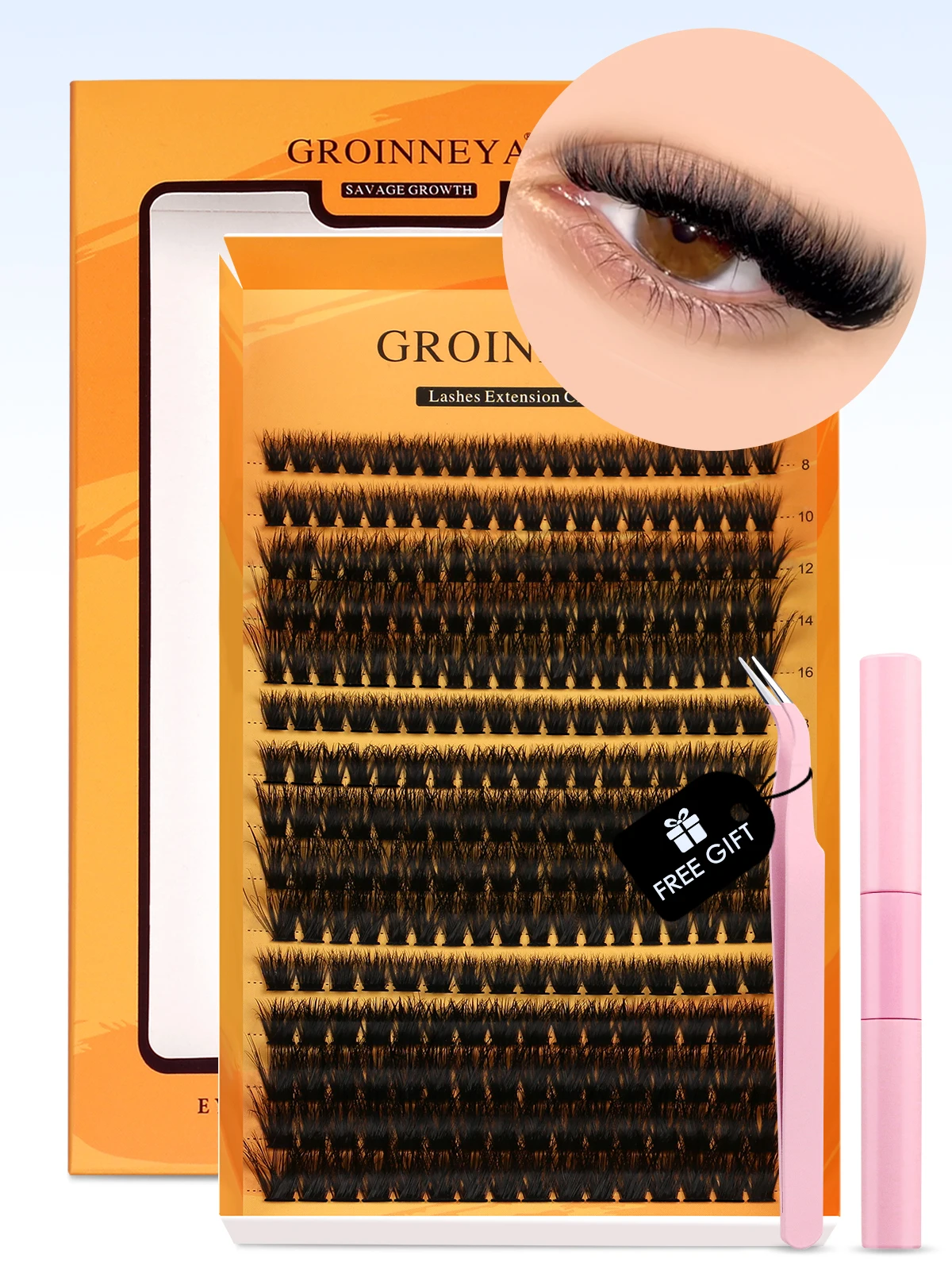 GROINNEYA-Kit de pestañas DIY, bandeja mixta con Kit de grupos de pestañas de sujeción fuerte resistente al agua, unión de pestañas, sello y pinzas para pestañas