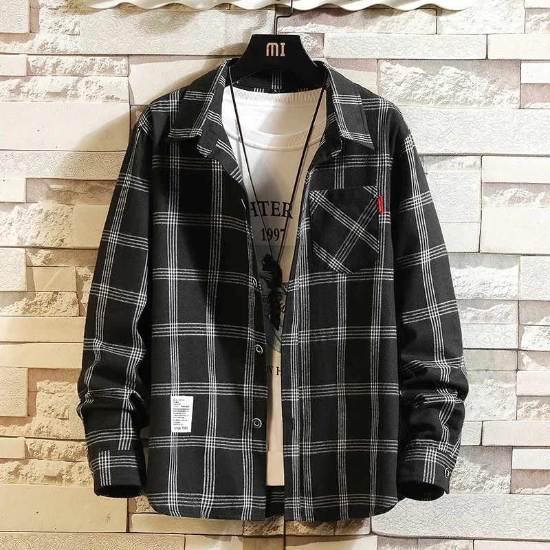 2024 New Summer Men\'s Plaid Shirt Button Pocket Casual Fashion Elegant Long sleeve Shirt Turn Down Collar