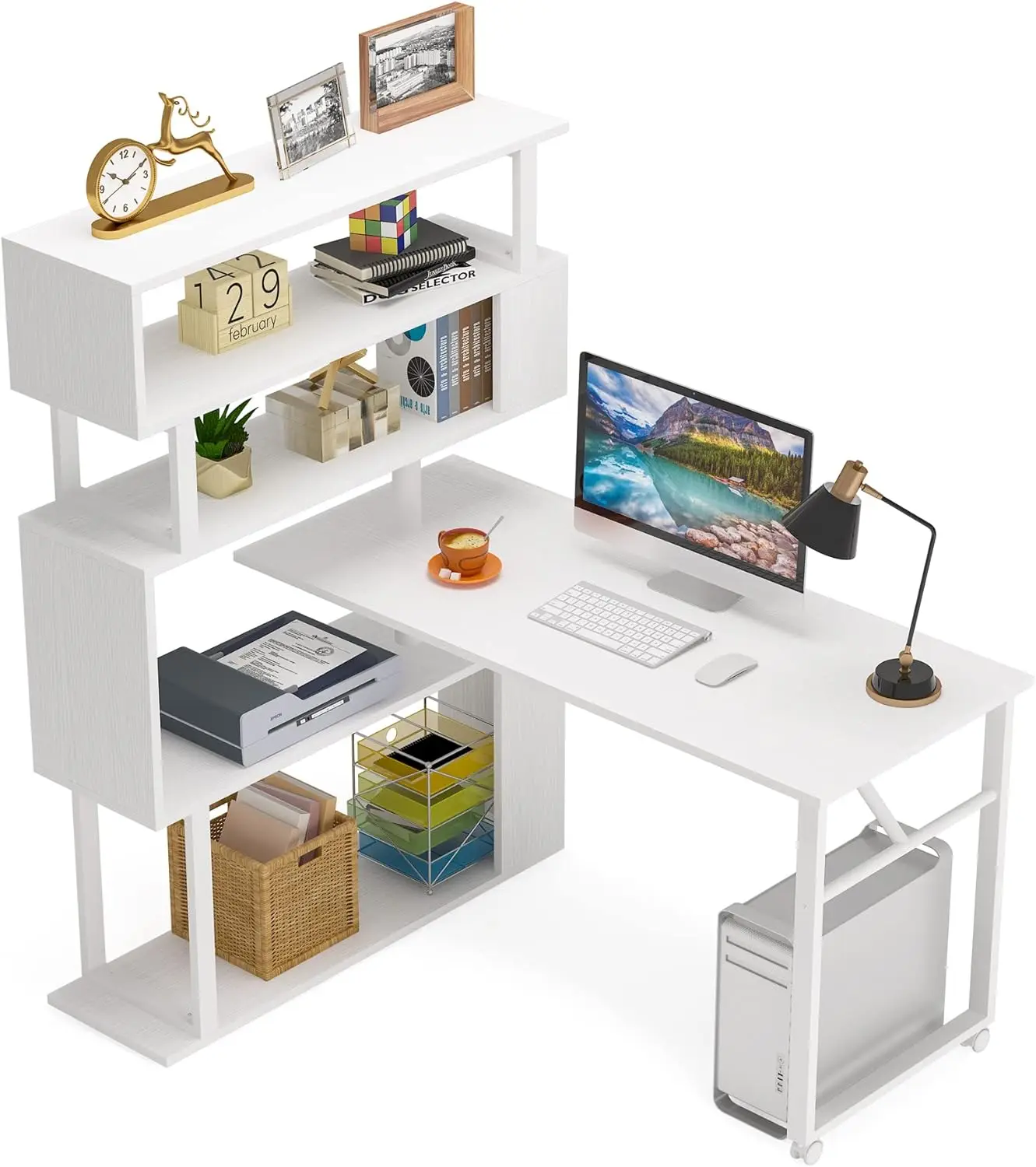 Rotating Computer Desk with 5 Shelves Bookshelf, Modern L-Shaped Corner Desk with Storage