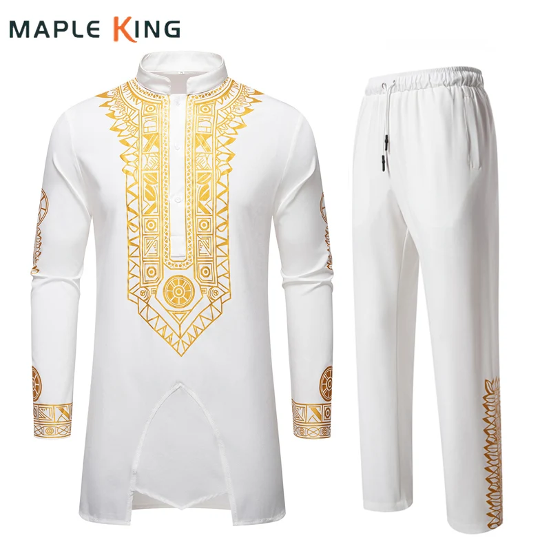 

Africa Outfit for Man Kaftan Gold Bronzing Printed Shirts+pants Luxury Designer Muslims Homme Mens Arabic Dubai Long Trousers