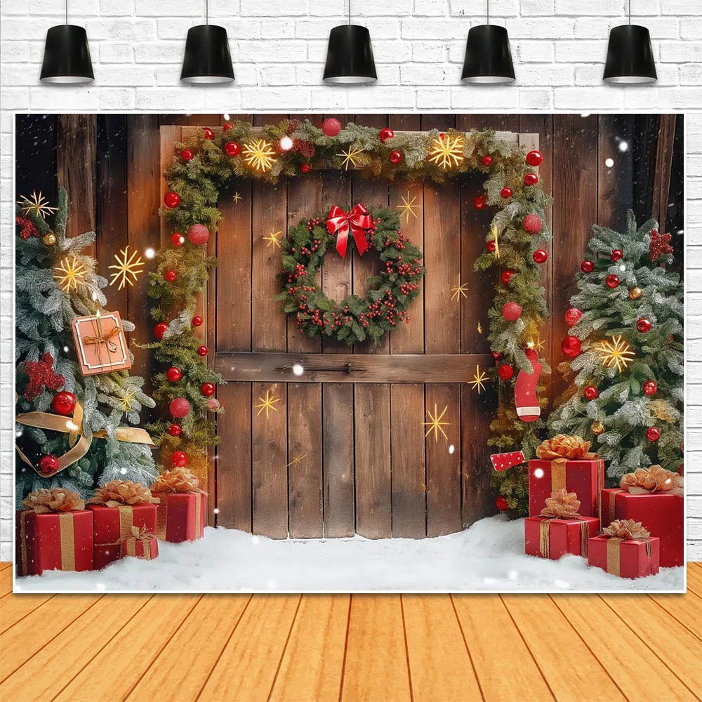 Mocsicka Christmas Wooden Door Photography Backdrops Wreath Xmas Tree Snow Winter Outdoor Portrait Photo Background Studio Props