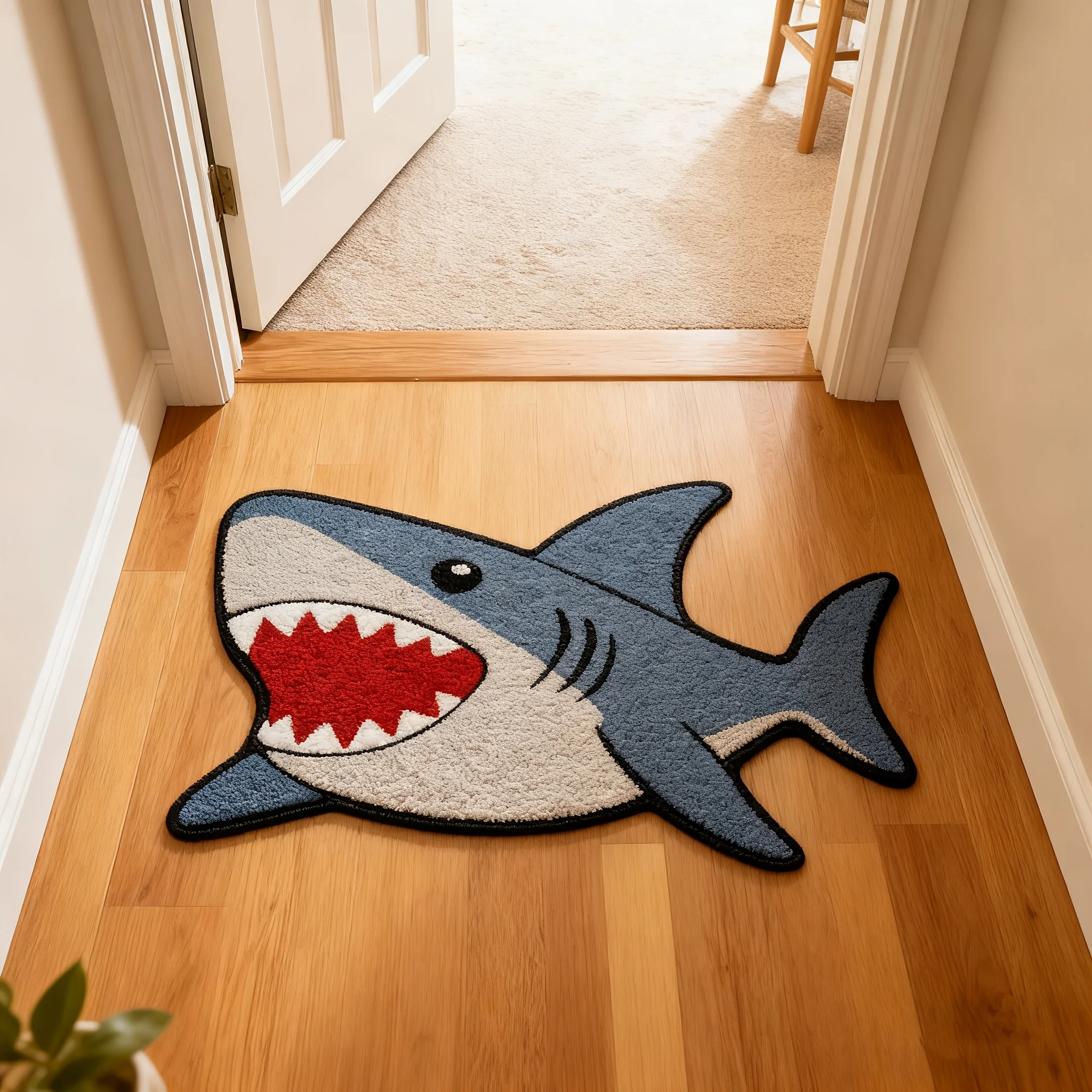 VIKAMA Cute Cartoon Shark Shaped Irregular Doormat Ocean Animal 2D Tufted Print Non Slip Kids Bedroom Entryway Rug