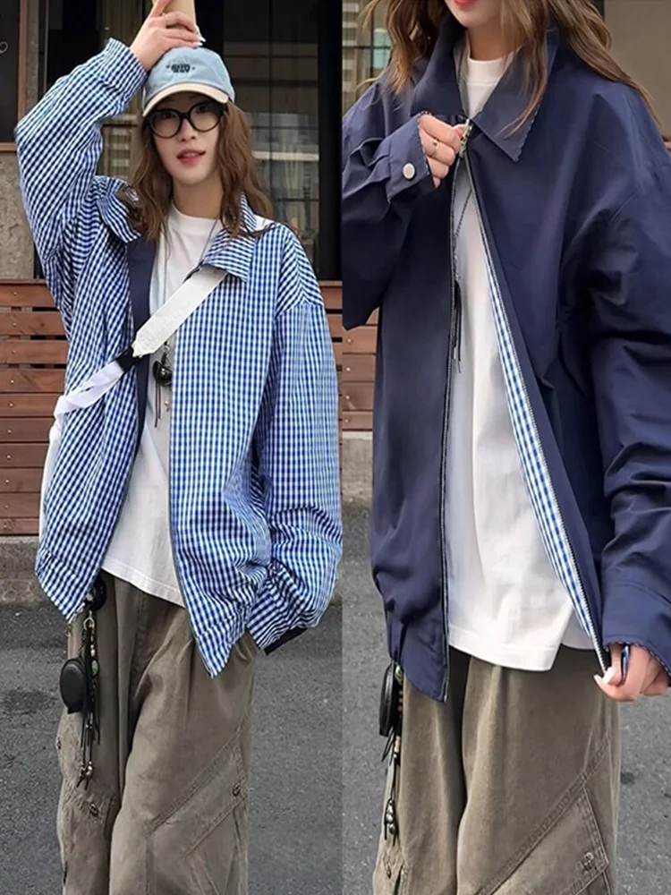 

Double-Sided Wear Plaid Jaet Men's Spring Autumn American Cleanfit Collar Workwear Baseball Sle Casual Loose Fit irt