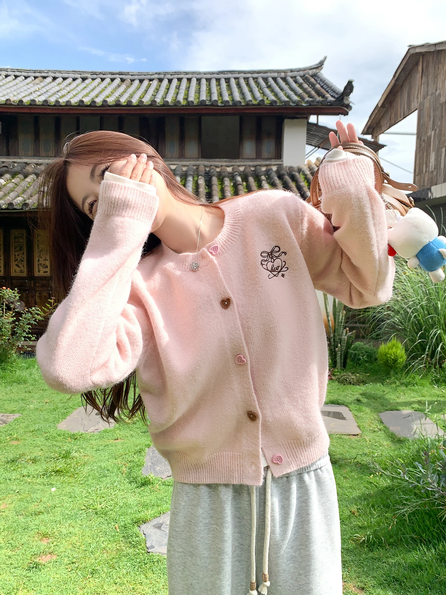 

Корейский вязаный кардиган-свитер для женщин, мягкая верхняя одежда для ранней осени, топ XiaoXian Zeng, розовый цвет, длинный рукав