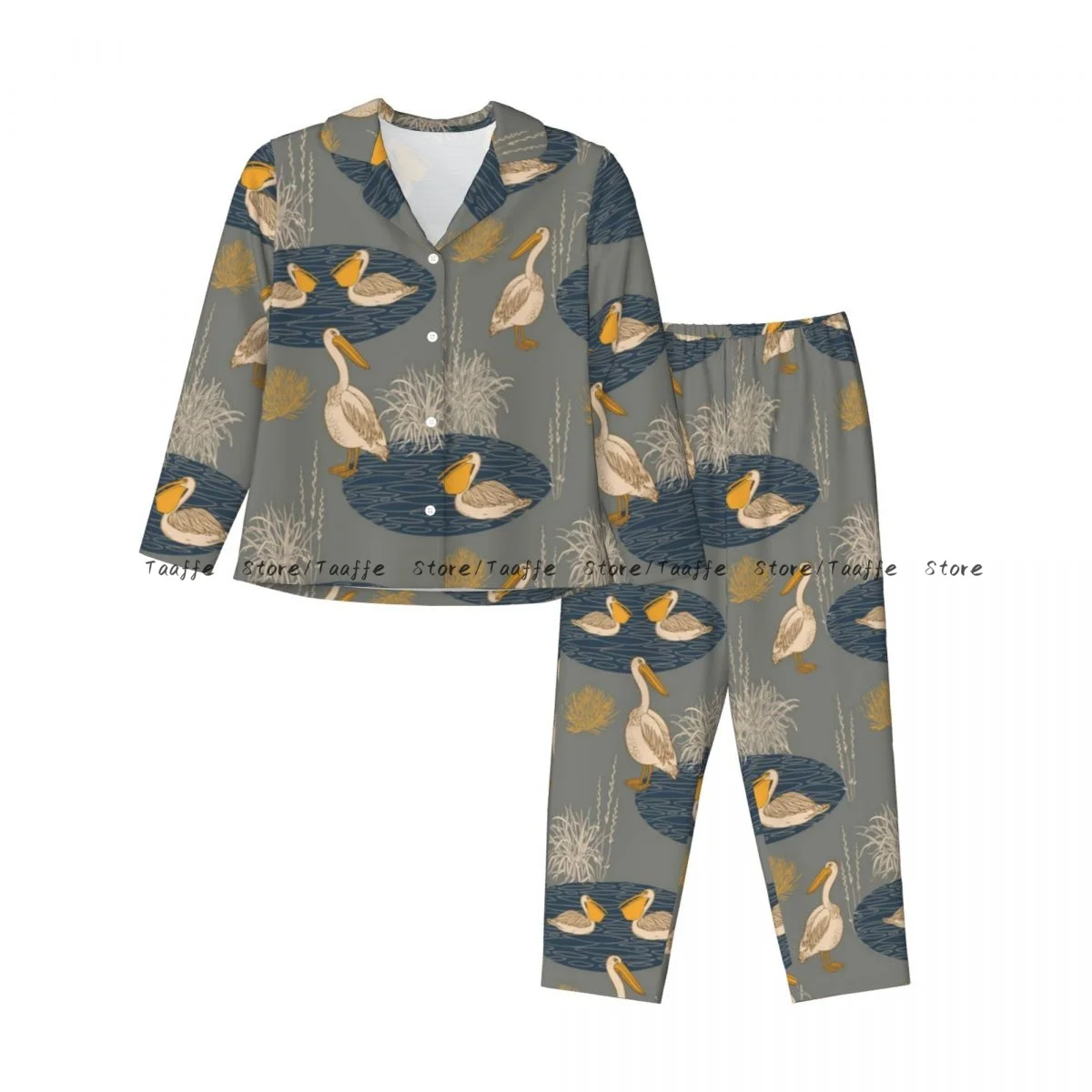 Spring and Autumn Pajama Set Women's Long Sleeve Pants Two Piece Hand Drawn Pelican And Reeds Home Furnishing Set