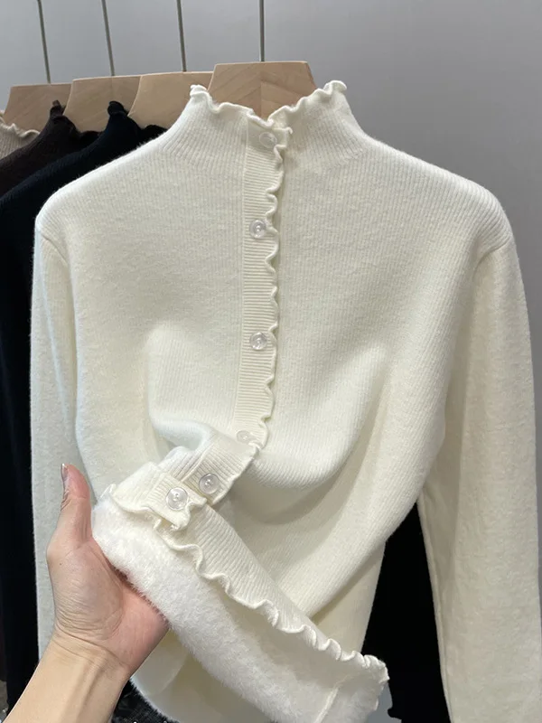 

Женский утепленный вязаный свитер с высоким воротником и флисовой подкладкой, теплый базовый топ для осени и зимы, с длинным рукавом