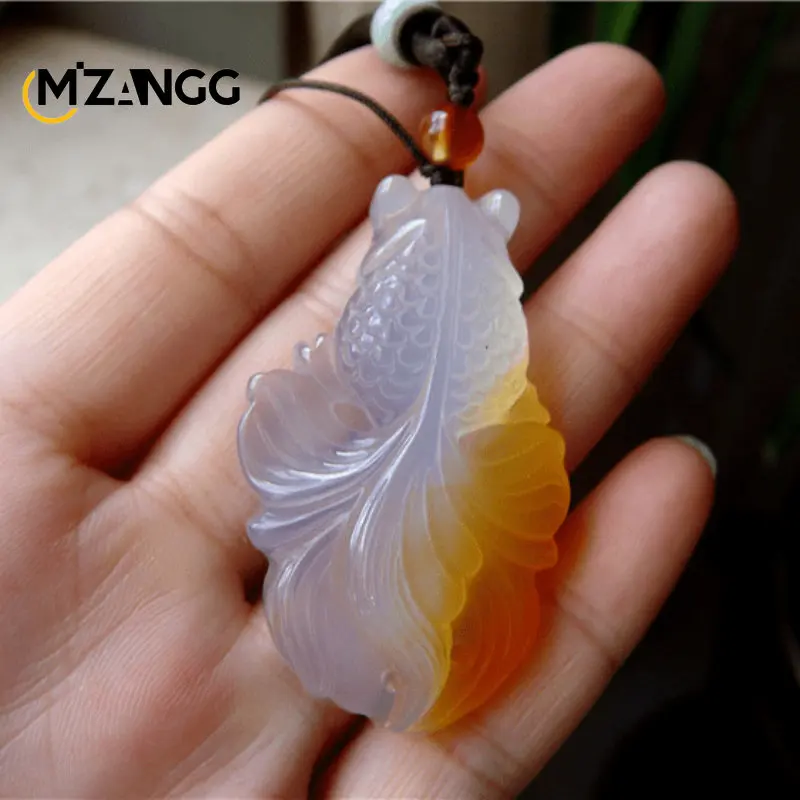 Natural Agate Chalcedony Goldfish Pendant Hand Carved Chalcedony Gold Fish Lucky Blessing Necklace Pendant Fine Jewelry