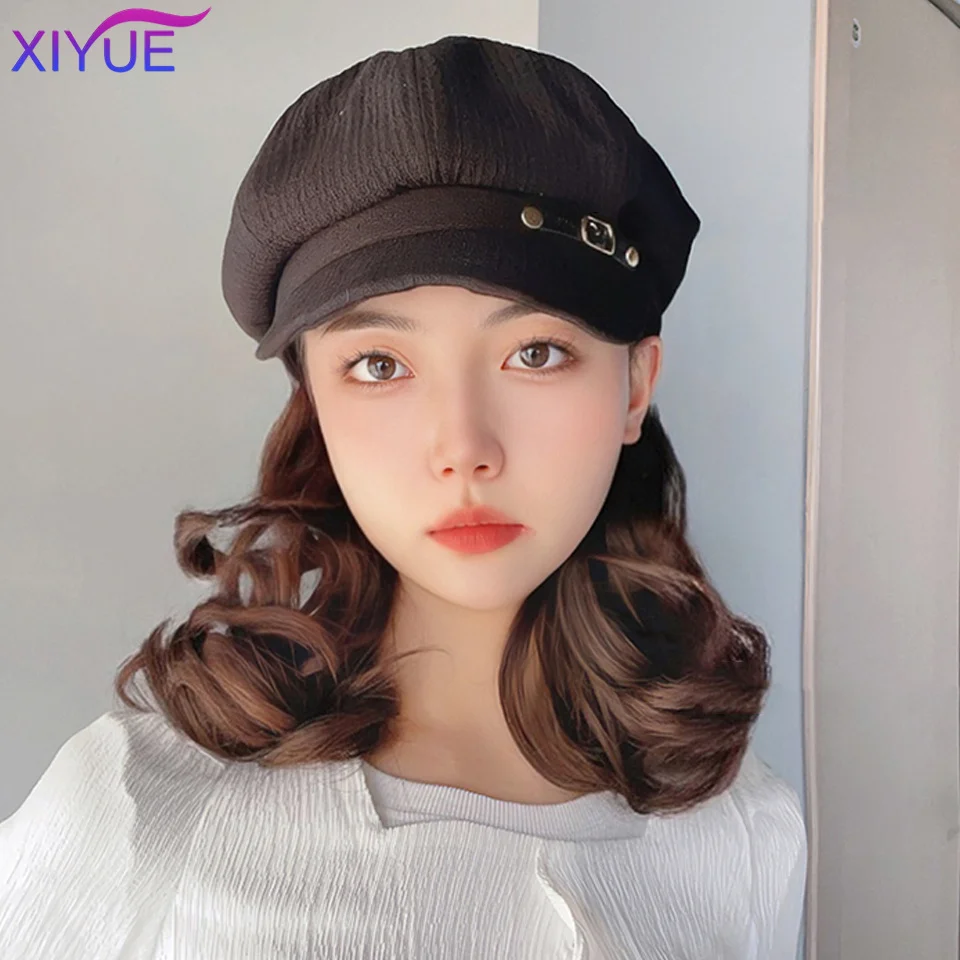 XIYUE Octagonal cap pear blossom short curly hair Hat Wig Synthetic Hair Extensions Hat With Hair Natural Hairpiece For Women