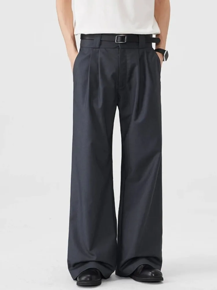 Double Minimalist Men's Waistband Wide Leg Suit Pants Dark Grey Pleated Casual Commute Premium Formal Trousers OT2Z