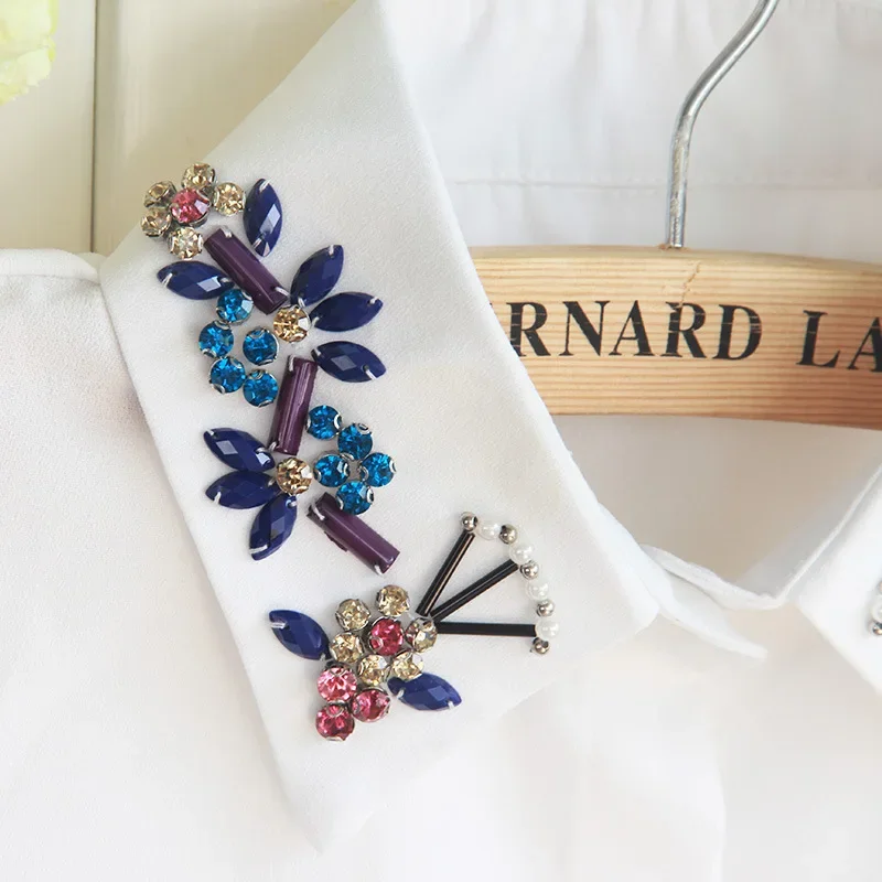 Linbaiway Handmade Beads False Collar for Women Fake Collar Decoration Lapel Blouse Top Female Detachable Collar Lapel Button