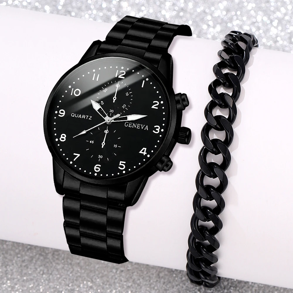 2PCS Men Black Watch Casual Fashionable Three Eye Element Dial Quartz Wristwatch Leather Strap Watch Jewelry Set Gift For Him