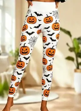 Women Mid‑Rise Fleece Lined Leggings, Halloween Pumpkin Rose Spider Web Print Slim Stretch Casual Pants