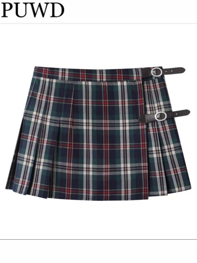 PUWD Casual Women Multi Soft Cotton Plaid Pleated Mini Skirts 2023 Summer Vintage High Waist Leather Buckle Female Bottoms Chic