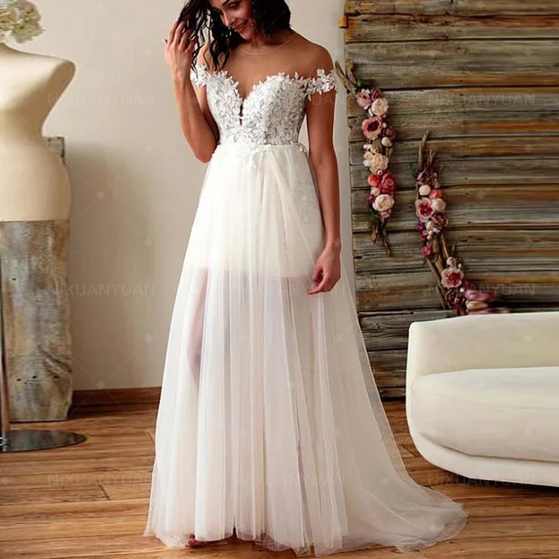 Wholesale Sexy Tulle Illusion Wedding Dresses High Low Style Plus Size Bridal Dress Vestidos De Boda Para Novia