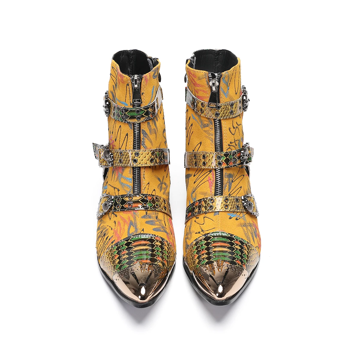 

Mixed Color Yellow Print 3 Buckle Straps Short Boots For Men Shoes Botas Para Hombre Gold Metal Toe Zapatos Oxfords Sapatos