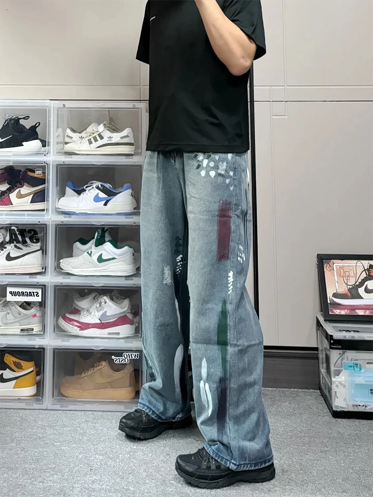 

Doodle Design Men's Loose Fit Denim Jeans Cool Straight Leg Long Trousers American High Street Sle Teenage Trendy Pants