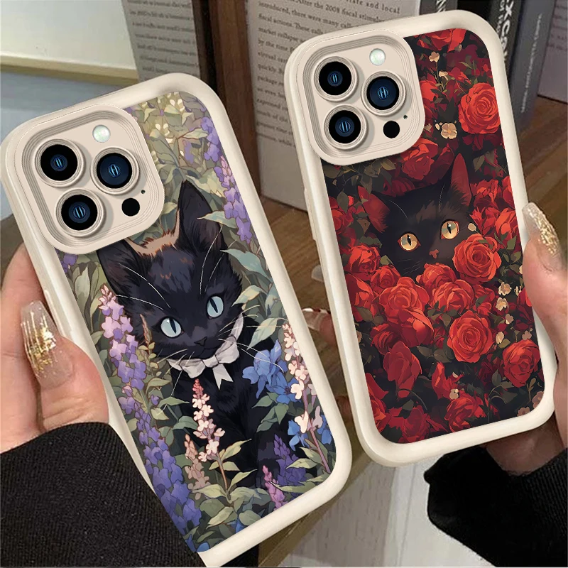 Rose Flower Mystery Black Cat Matte Case For iPhone 16 15 14 13 12 11 Pro Max X XS X S Max XR SE 2020 7 8 Plus Shockproof Cover