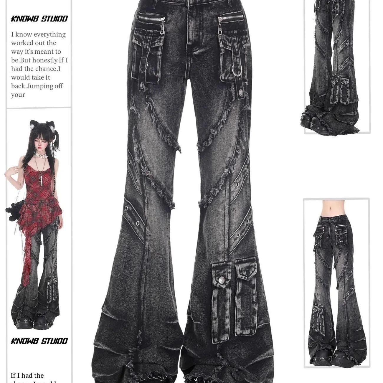 

Осень-зима 202, женские джинсовые брюки, темные академические джинсы-карго, расклешенные расклешенные брюки, дизайнерские Kpop, японский Y2k, 2000-е гоблинское ядро