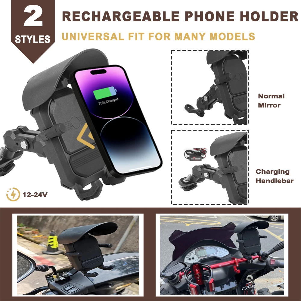 

Mobile Phone Holder Rechargeable 360° Rotation Adjustable Anti-Vibration Cell Phones Mount Bracket With Hat For Most Motorcycle