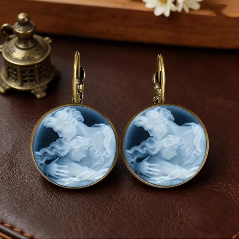 2D Vintage Lady Queen Cameo Glasanhänger Kuppel Cabochon Bronze Ohrringe Retro Viktorianischer Porträt-Schmuck für Frauen