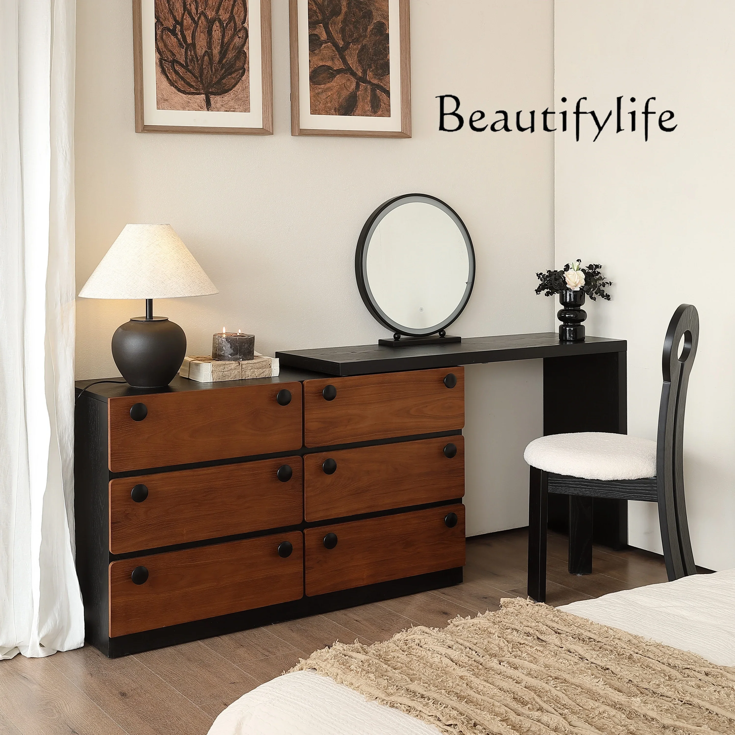 X35 Medieval Solid Wood Dresser Chest Integrated French Retro Bedside Storage Bedroom Corner Makeup Table