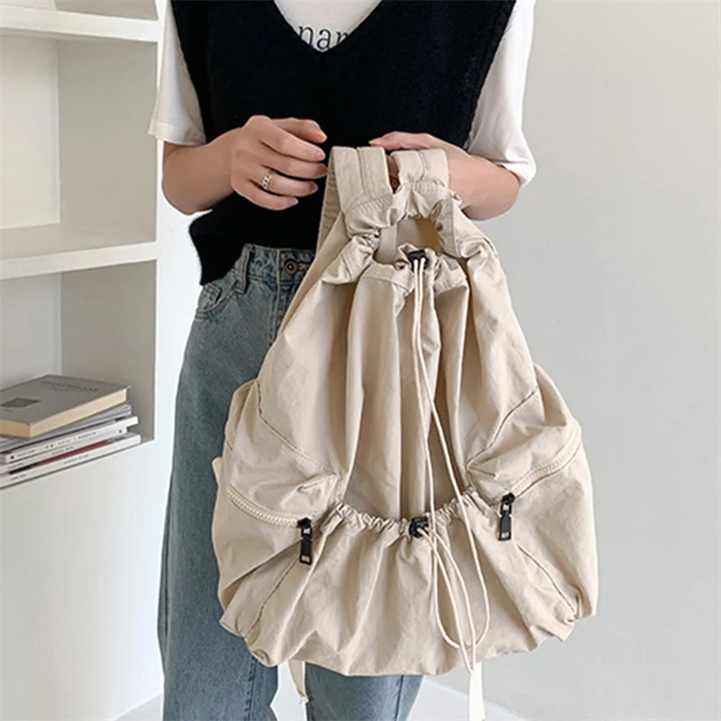 Fashion Ruched Drawstring Backpacks for Women Aesthetic Nylon Fabric Women Backpack Light Weight Students Bag Travel Female Bag
