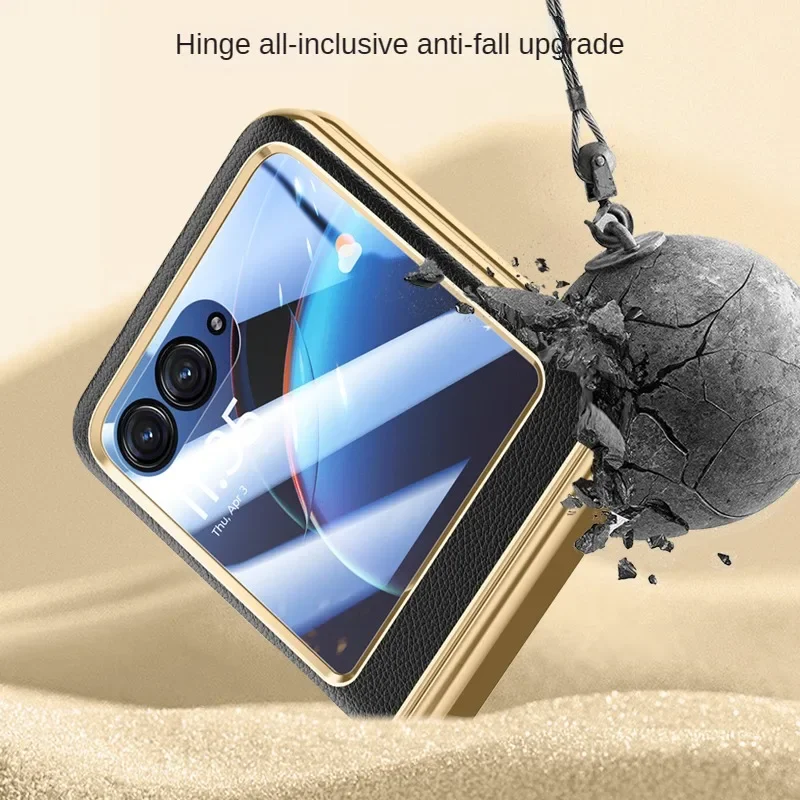 Luxury Plating Leather Phone Case For Motorola MOTO Razr 70 Plus 60 50 40 Ultra Pro 2026 Tempered Film Hinge Shockproof Cover