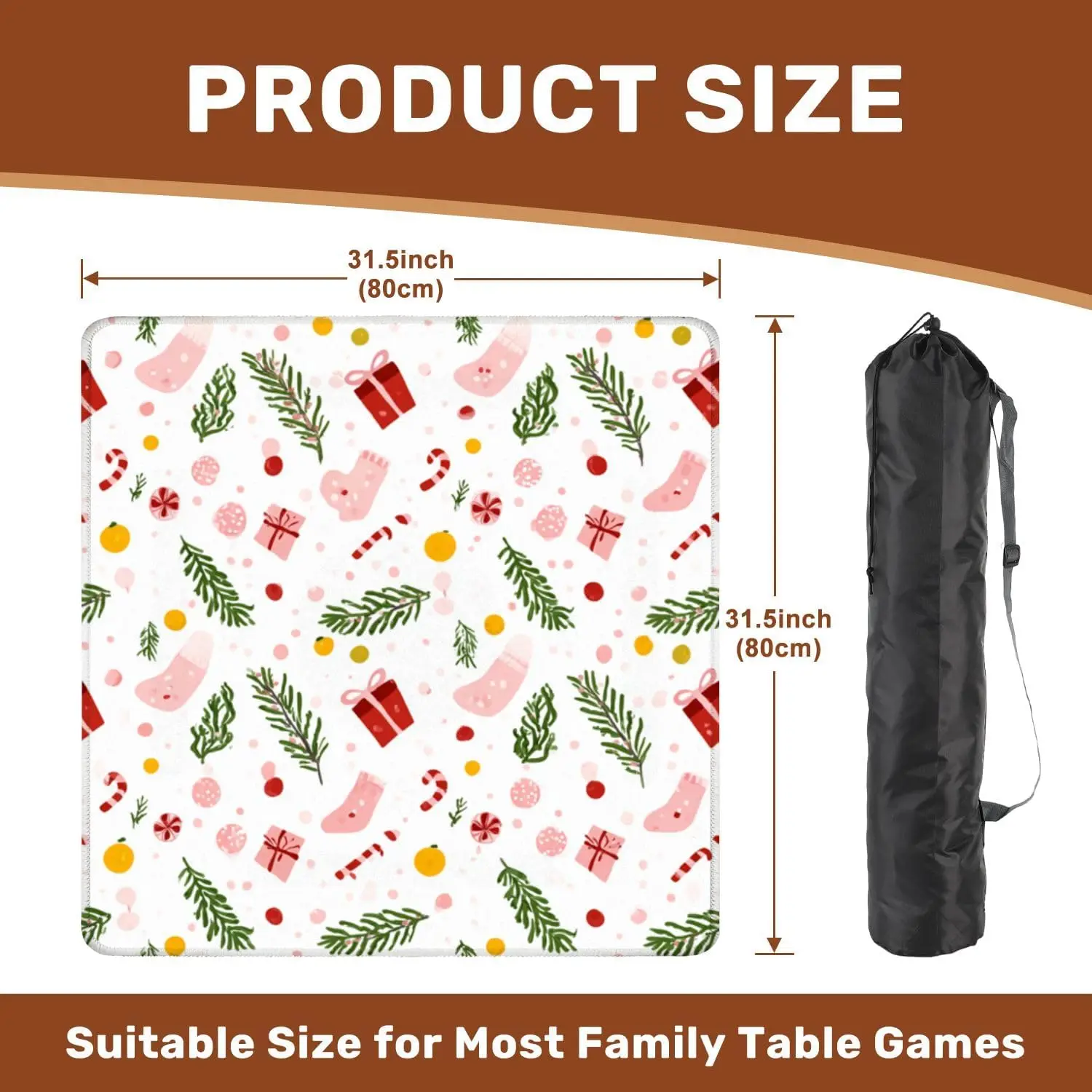 Mahjong Mat 31.5x31.5 Christmas Stockings Candies Pine Branches Non Slip Noise Reduction Table Cover for Poker Card Tile Board G