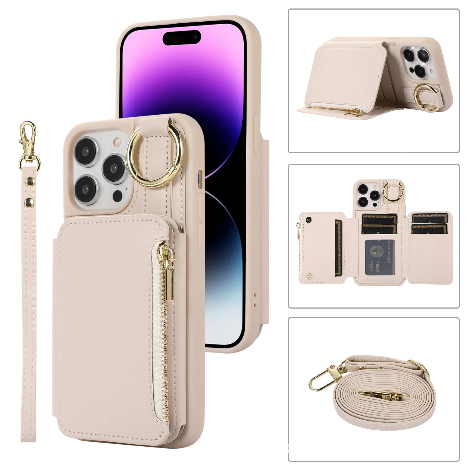 

Wallet Shoulder Strap Case For iPhone 16 Pro Max 14 12 11 13 15 Pro Max 16 Plus Finger Ring Leather Card Slots Lanyard Cover