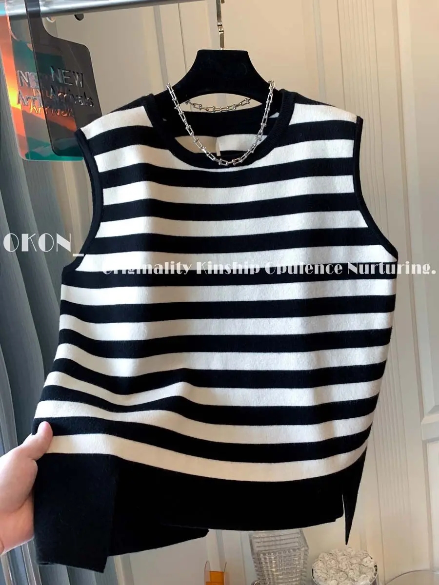 

Irregular Sleeveless Back Single Breasted Vintage Sweater Mujer Knit Tops Striped Vest Women Autumn Jacket Chalecos Mujer