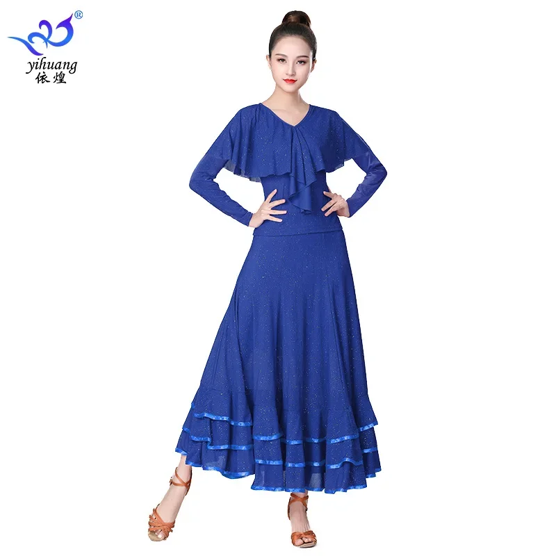 lady fashion solid long sleeve top and long skirt waltz dancing costumes woman ballroom dancing costumes