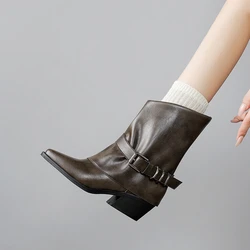 NEW Autumn Women Boots Pointed Toe Chunky Heel Shoes Split Leather Shoes for Women Casual Pants Boots Belt Buckle Modern Boots