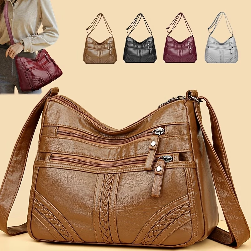 Stylish Leather Shoulder Bag for Women Multi Pocket Crossbody Hobo Bag Soft Washed Leather Casual Travel Satchel Black Daily Use