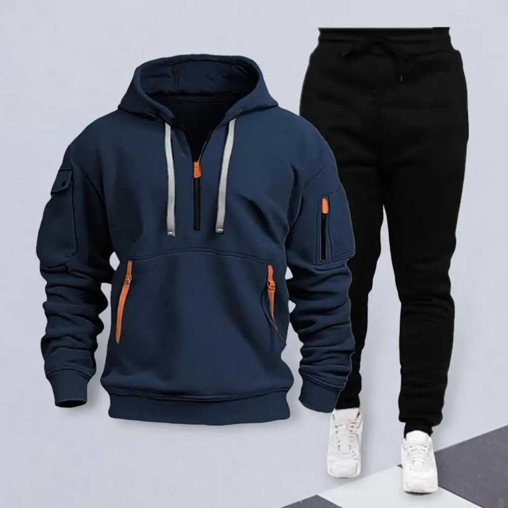 2Pcs/Set Men Sports Suit Hooded Drawstring Long Sleeve Pockets Sweatshirt Elastic Waist Trousers Set Fitness Tracksuit