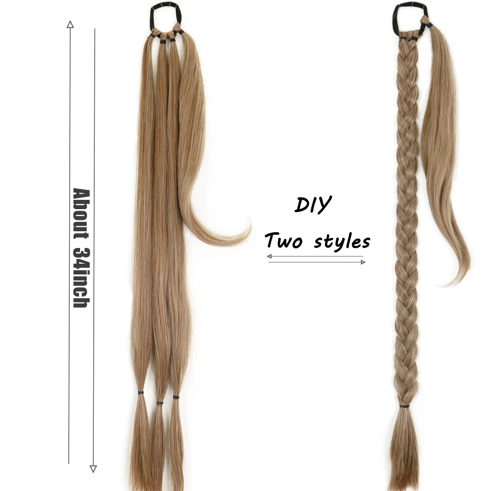 Cola de Caballo Extra larga con lazo para el cabello, extensión de cola de caballo trenzada sintética, cabello negro Natural, cabello falso liso, trenzado DIY, 34"