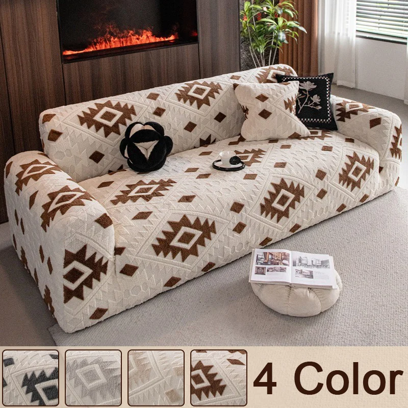 Bohemian Style Thickened Shu Velveteen Sofa Cover Stretch Full Wrap Sectional L Shape Couch Slipcover for Living Room 1-4 Seats