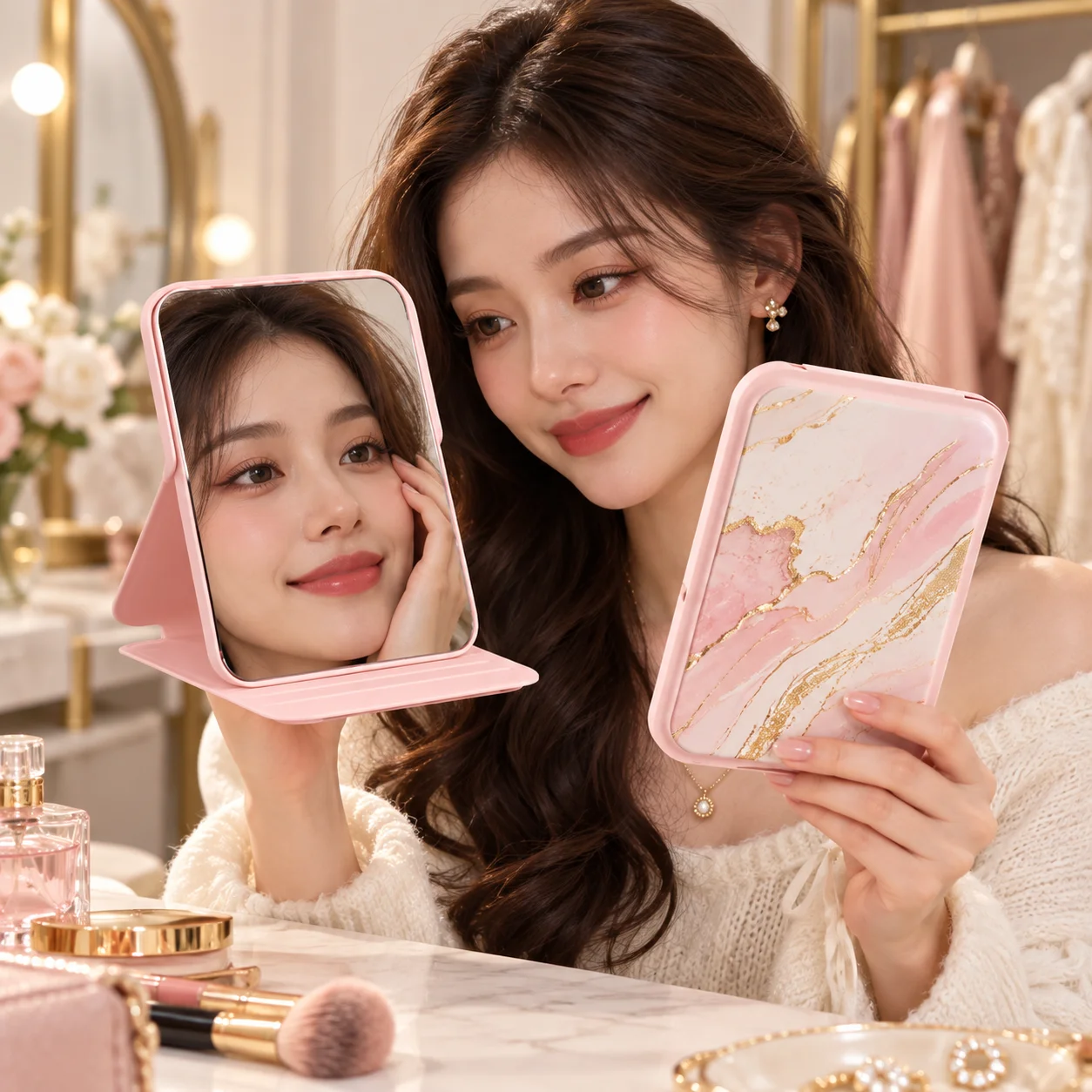 Customizable photo/DIY pattern compact makeup mirror—a simple, foldable, flip-style mirror for your purse; made of lightweight p
