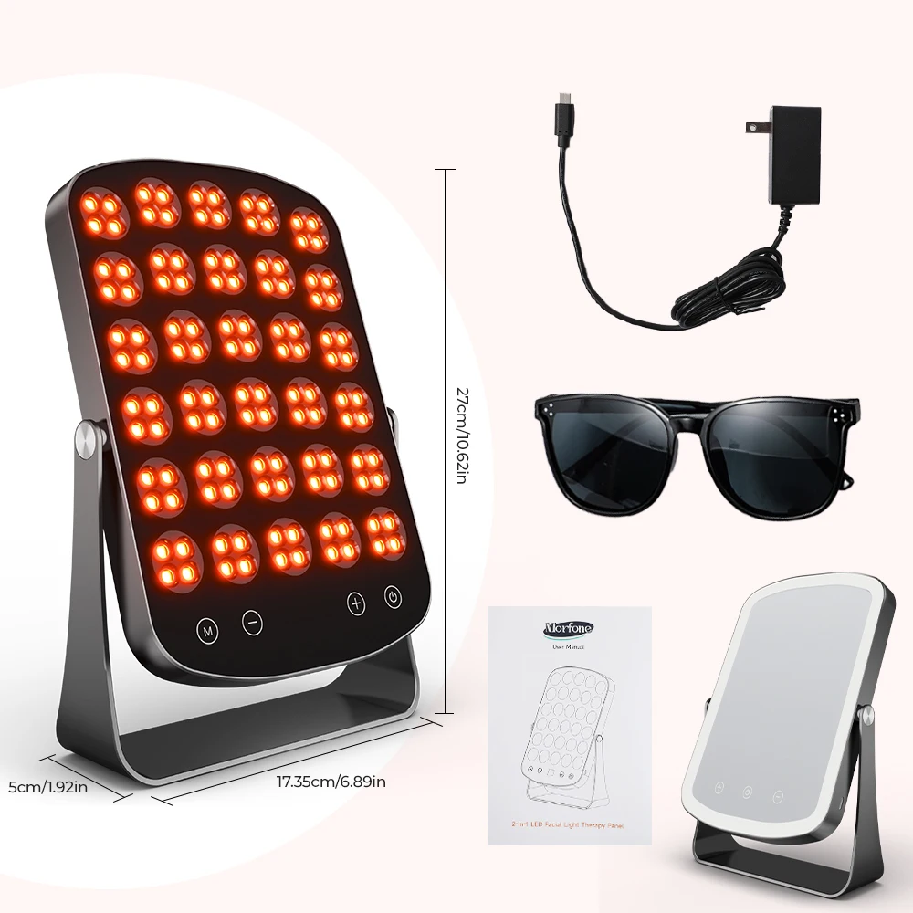 العلاج بالضوء الأحمر والقريب بالأشعة تحت الحمراء، 120 مصباح LED مع 4 أطوال موجية (460/590/660/850 نانومتر)، مرآة مكياج مضاءة، مؤقت