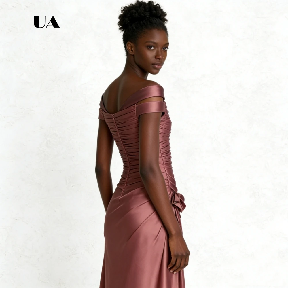 Ulbyanry vestido de baile linha a com ombro de fora, vestido de noite de cetim sólido com mangas detalhadas, vestido de festa personalizado franzido