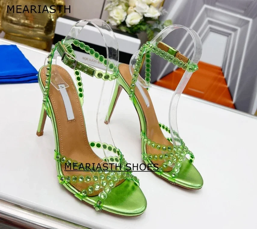 

Meariasth PVC Transparent Crystal Rhinestone Ladies Sandals Fashion Ankle Buckle Strap Stiletto High Heels Women Wedding Shoes