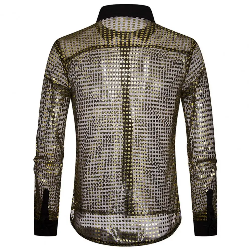 Lapel Long Sleeve Shirt Stylish Men's Sequin Embellished Lapel Shirt with See-through Design Skin-friendly Fabric Loose for A