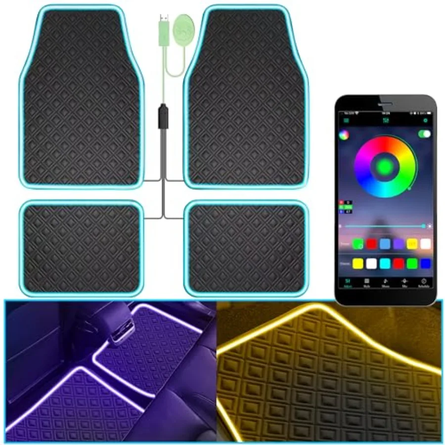

Car Floor Mats with Led Strip Light Premium Universal Fit Black Automotive Carpet Interior Car Lights Floor Mats App Control Fa