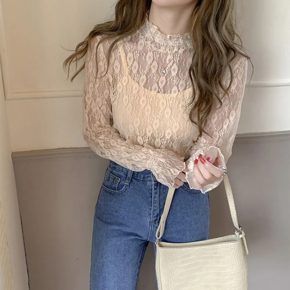 Half High Collar Lace Flower Top See Through Blouse Long Sleeved Mesh T-Shirts Streetwear Dot Transparent Pullover Top Girl