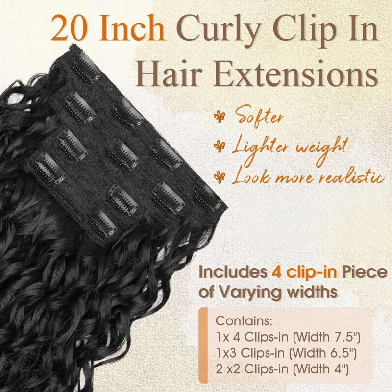 4PCS 20 Inch Curly Synthetic Clip In Hair Extensions For Women, Soft Natural Invisible Lace Weft Wavy Synthetic Hair Extensions