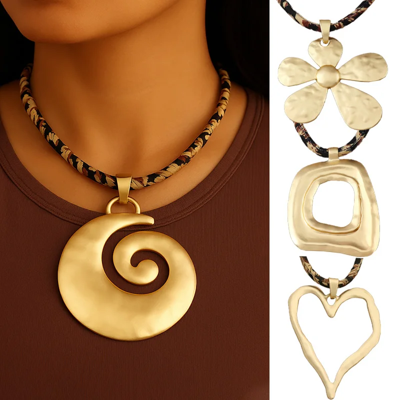 

1pc Matte Gold Flower/Heart/Irregular Boho Pendant Necklace Retro Leopard Rope Adjustable 45cm Chain Summer Beach Jewelry Gift