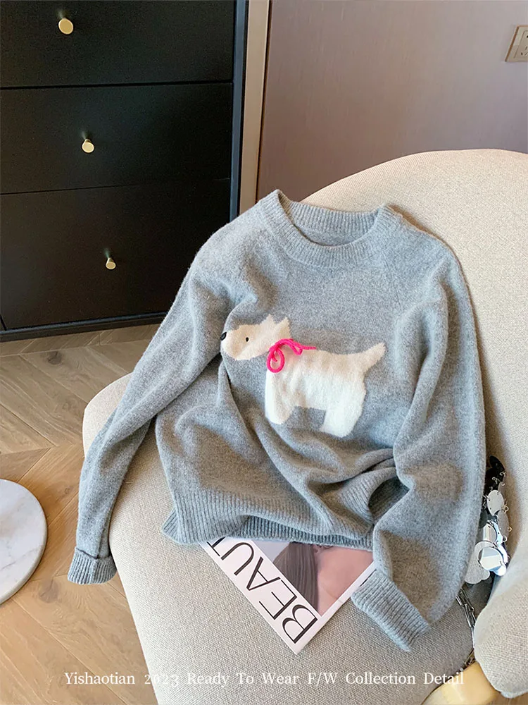 New Design Grey O-Neck Cashmere Top  Autumn Winter Fashion Casual Sweaters Gyaru Knitted Pullovers Cartoon Office Lady Sweater