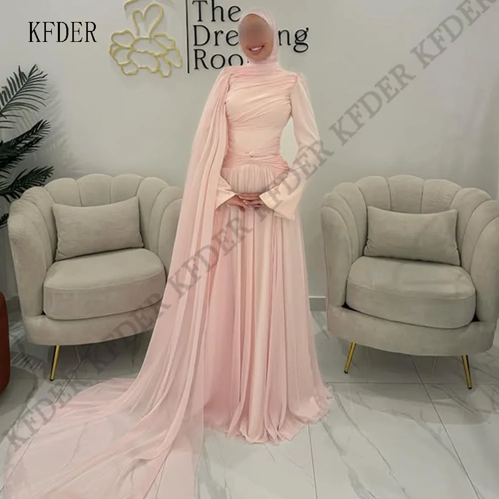 Graceful Blush Pink A Line Women's Prom Dress Long Sleeve Abendkleider Dubai High Neck Chiffon Vestidos De Fiesta Customized