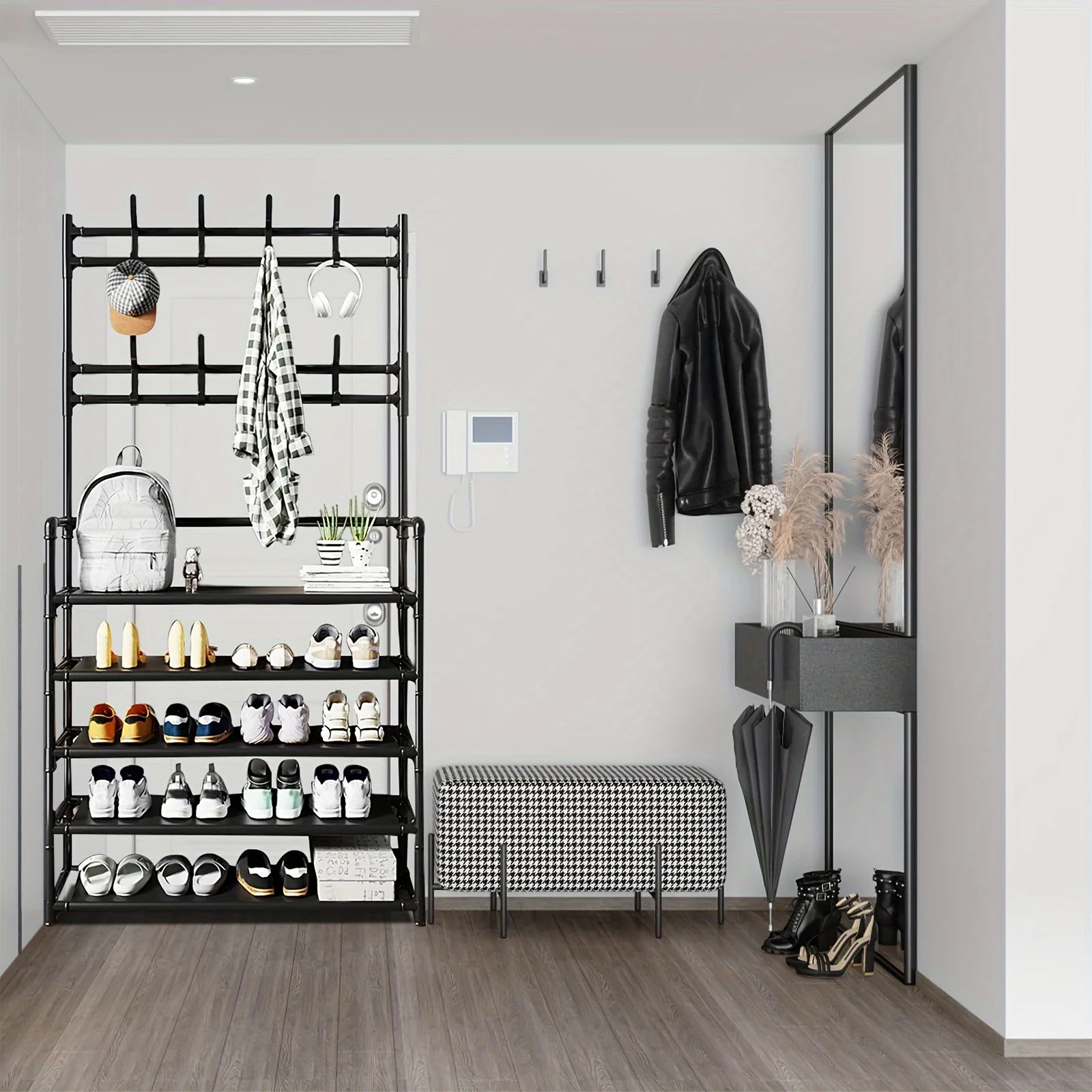 Sturdy Hanger and Shoe Storage Box Freestanding with 8 Hooks and Shelves Perfect for Organizing Coats and Shoes in Home Entrance image 2
