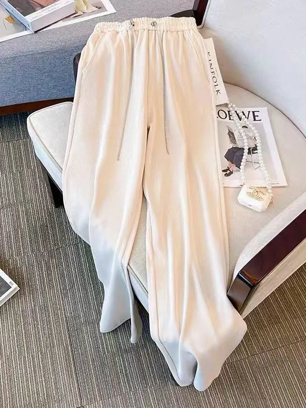 Pantalones de pierna ancha de talla grande para mujer, novedad de verano, pantalones informales rectos sueltos, pantalones con cadena, pantalones coreanos Sle Commute Wind de fibra de poliéster